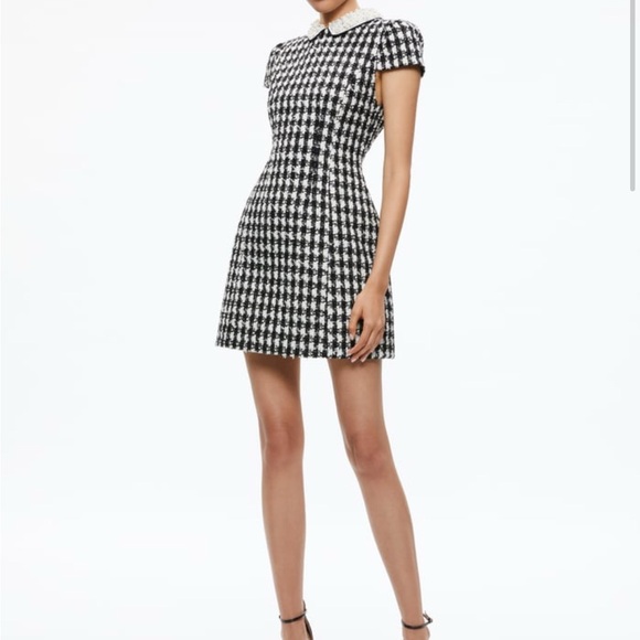 Alice + Olivia Black and White Houndstooth Dress with Jewel...